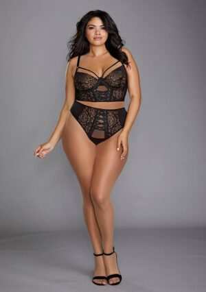 Stretch Mesh Stretch Galloon Lace Bustier - Black - 1XL - Afbeelding 3
