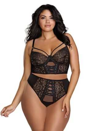 Stretch Mesh Stretch Galloon Lace Bustier - Black - 1XL - Afbeelding 5