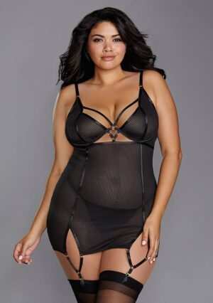Fishnet Texture Power Mesh Garter Slip - Black - 1XL