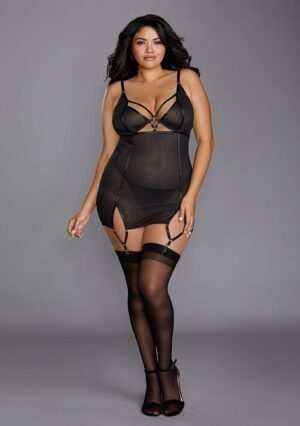 Fishnet Texture Power Mesh Garter Slip - Black - 1XL - Afbeelding 3
