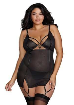 Fishnet Texture Power Mesh Garter Slip - Black - 1XL - Afbeelding 5