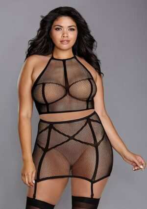 Seamless Fishnet Two-Piece Set - Black - Queen Size