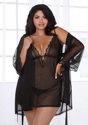 Stretch Mesh Chemise Robe Set - Black - 3XL