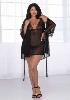 Stretch Mesh Chemise Robe Set - Black - 3XL - Afbeelding 4