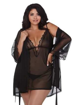 Stretch Mesh Chemise Robe Set - Black - 3XL - Afbeelding 6