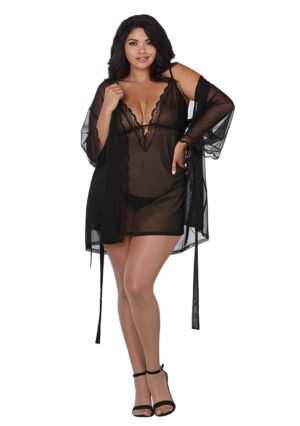 Stretch Mesh Chemise Robe Set - Black - 3XL - Afbeelding 9