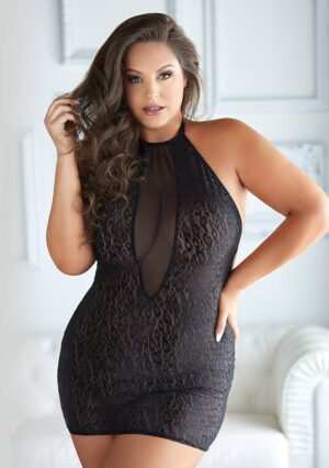 Leopard and Mesh Halter Dress - Black - 8 XL / 3 XL