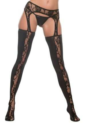 Lace Wetlook Garter Tights - Black - O/S