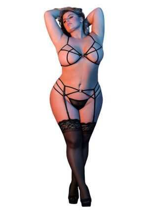 Strappy Bra. Garter & G-Set w/ Rings - Black - QS - Afbeelding 7