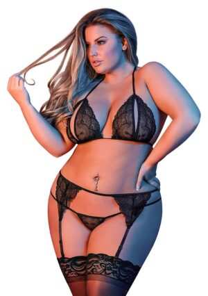 Peek-a-Boo Bra. Garter & G-Set - Black - QS