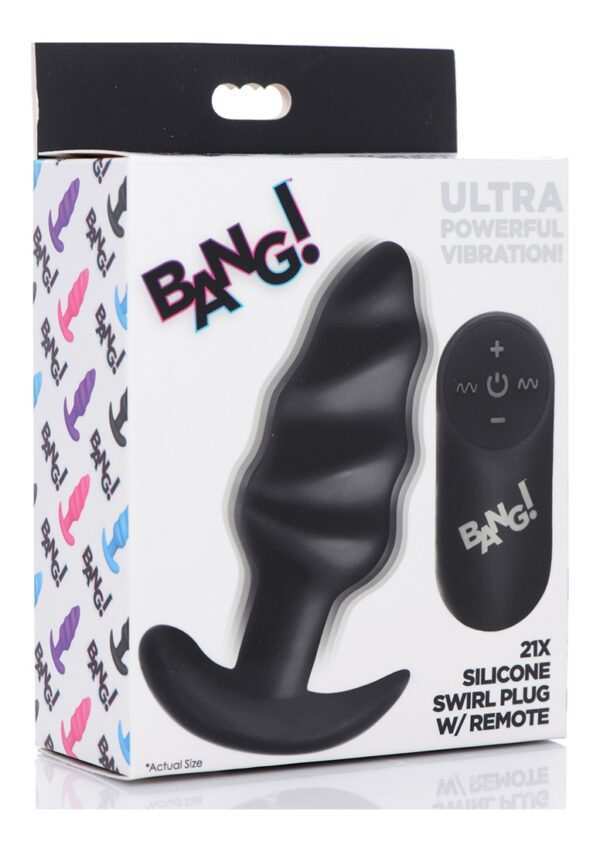 21X Vibrating Silicone Swirl Butt Plug with Remote - Black