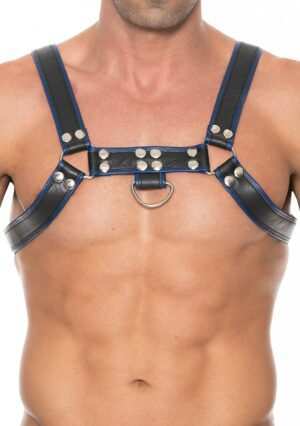 Chest Bulldog Harness - Premium Leather - Black/Blue - L/LX