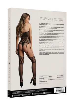 Strapless -  crotchless teddy with stockings - Black - O/S - Afbeelding 4