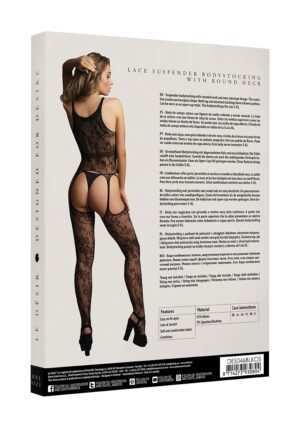 Lace suspender bodystocking with round neck - Black - O/S - Afbeelding 4
