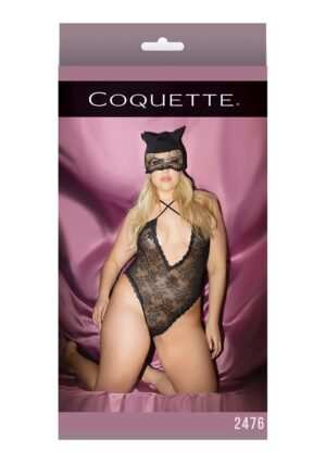 Kitty Lace Crotchless Teddy with Cat Mask - Black - QS - Afbeelding 3