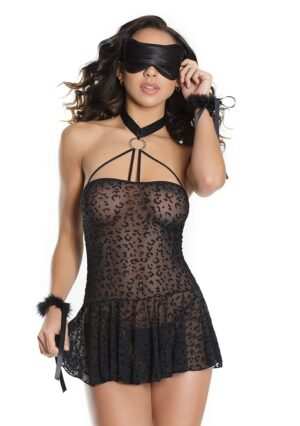 Kitty Leopard Babydoll with Cuffs & Eye Mask - Black - OS