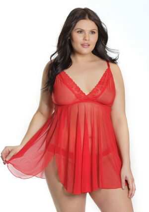 Trim Babydoll And Thong - Red - QS