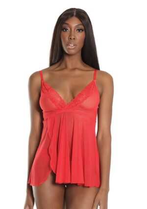 Trim Babydoll And Thong - Red - OS