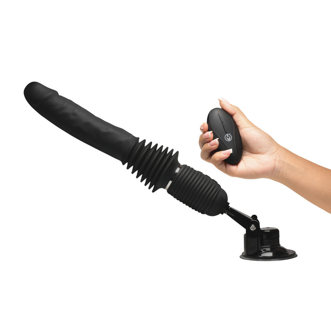 Master Series - Ultimate Power Pounder - Vibrerende en Duwende Siliconen Dildo met Afstandsbediening - Zwart