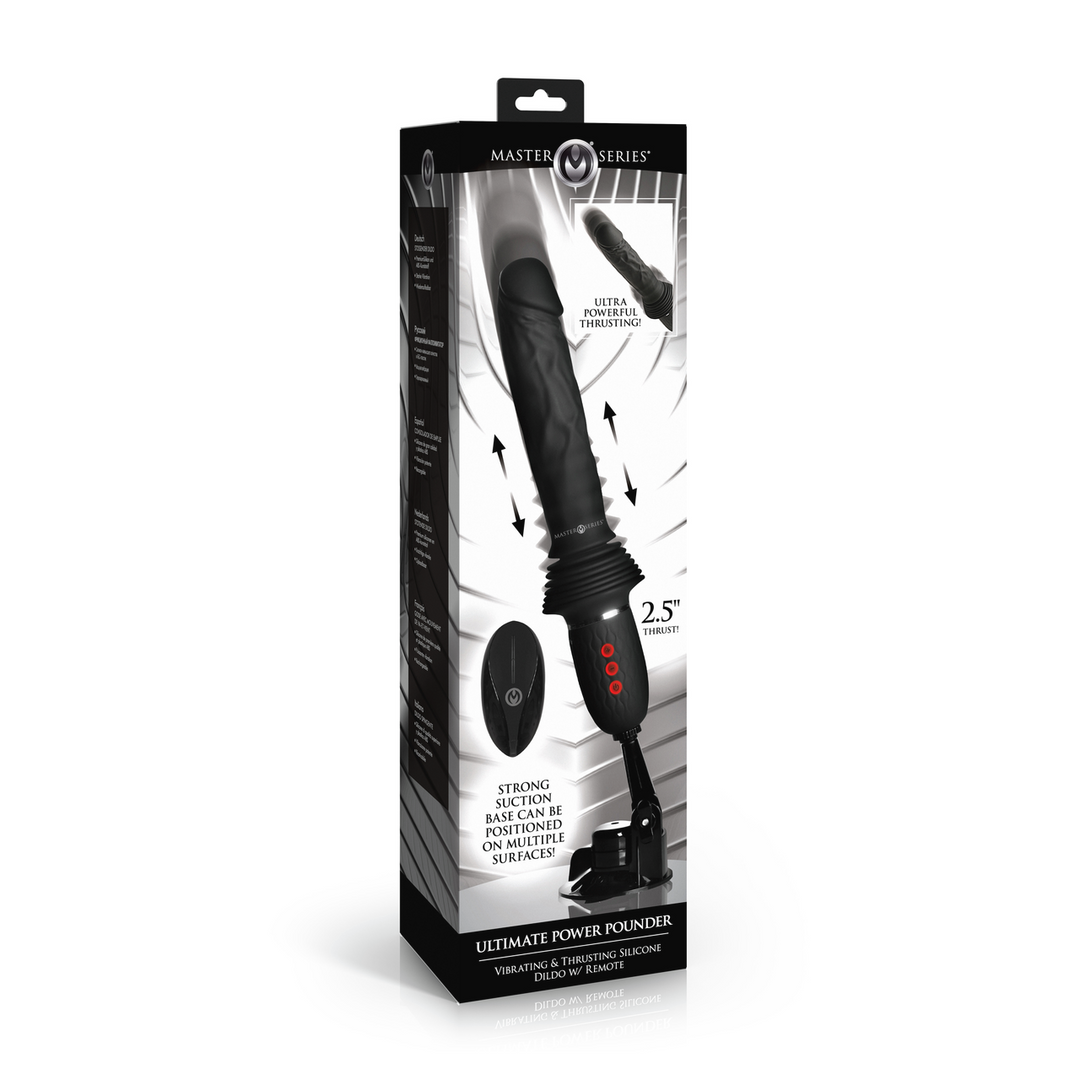 Master Series - Ultimate Power Pounder - Vibrerende en Duwende Siliconen Dildo met Afstandsbediening - Zwart