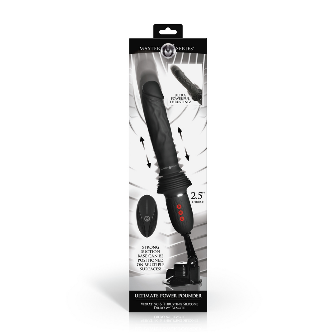 Master Series - Ultimate Power Pounder - Vibrerende en Duwende Siliconen Dildo met Afstandsbediening - Zwart