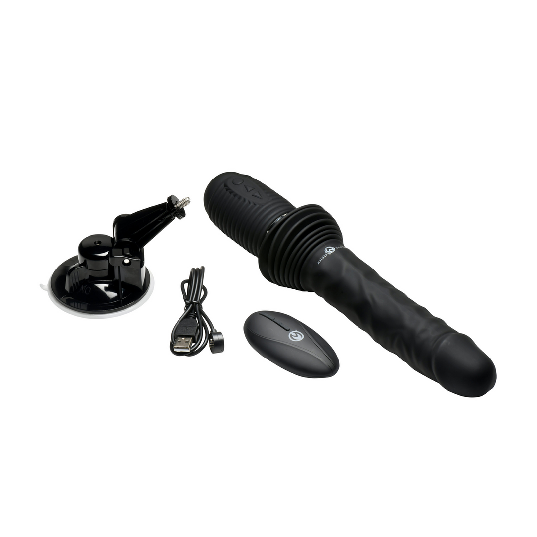 Master Series - Ultimate Power Pounder - Vibrerende en Duwende Siliconen Dildo met Afstandsbediening - Zwart