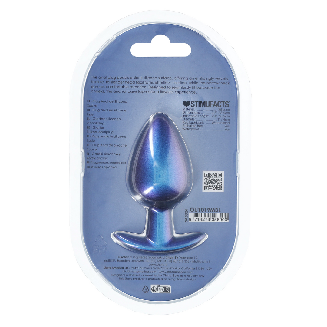 Ouch! - Zachte Siliconen Anale Plug - Groot - 3,5 / 8,9 cm - Metallic Blauw