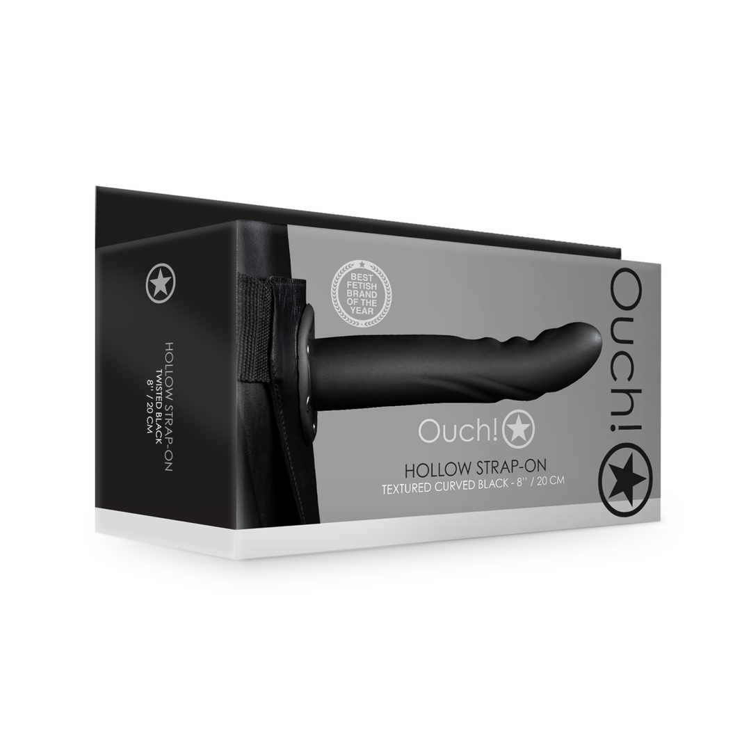 Ouch! - Getextureerde Gebogen Holle Strap-On - 8 / 20 cm - Zwart
