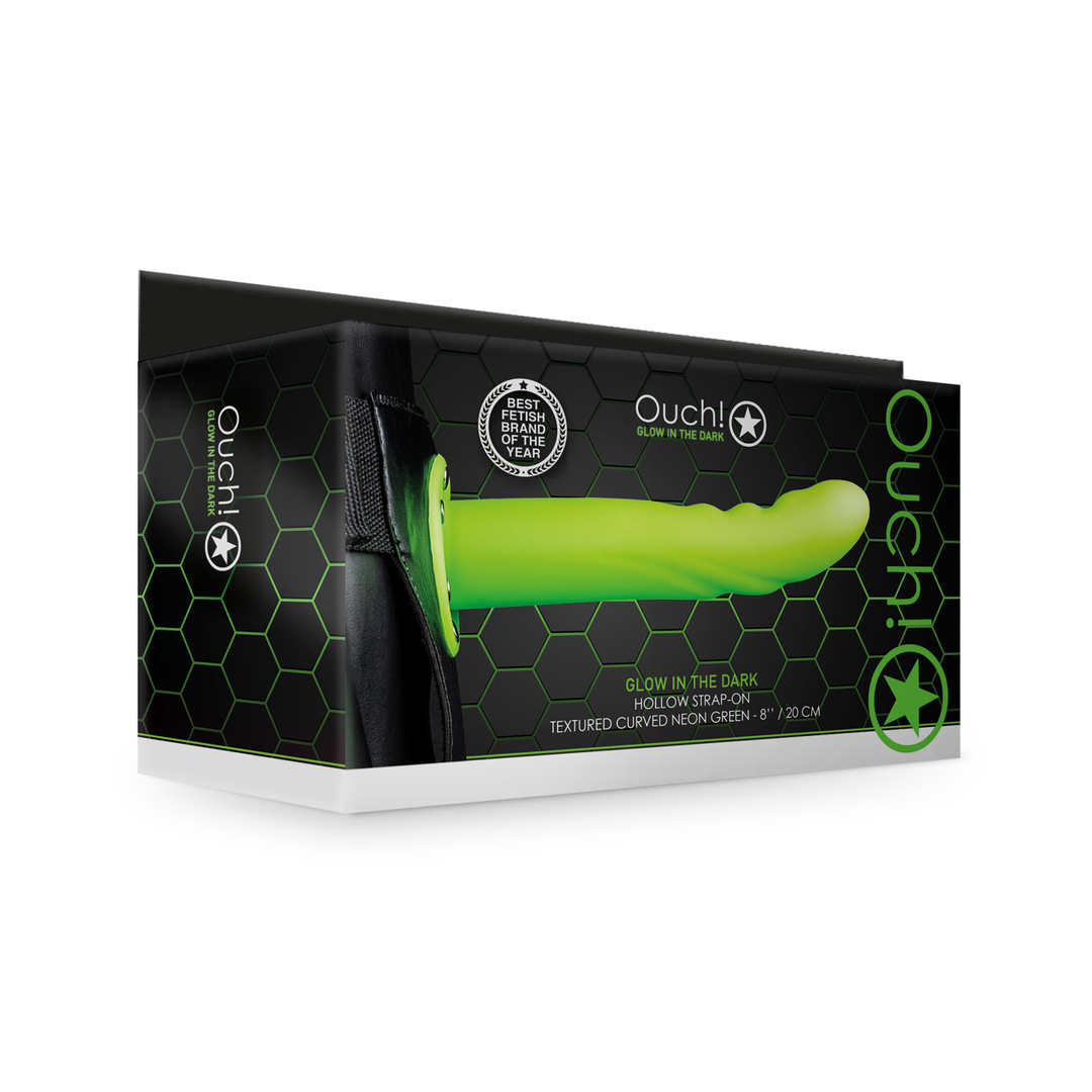 Ouch! - Glow in the Dark Textured Curved Hollow Strap-On - 8 / 20 cm - Neon Groen