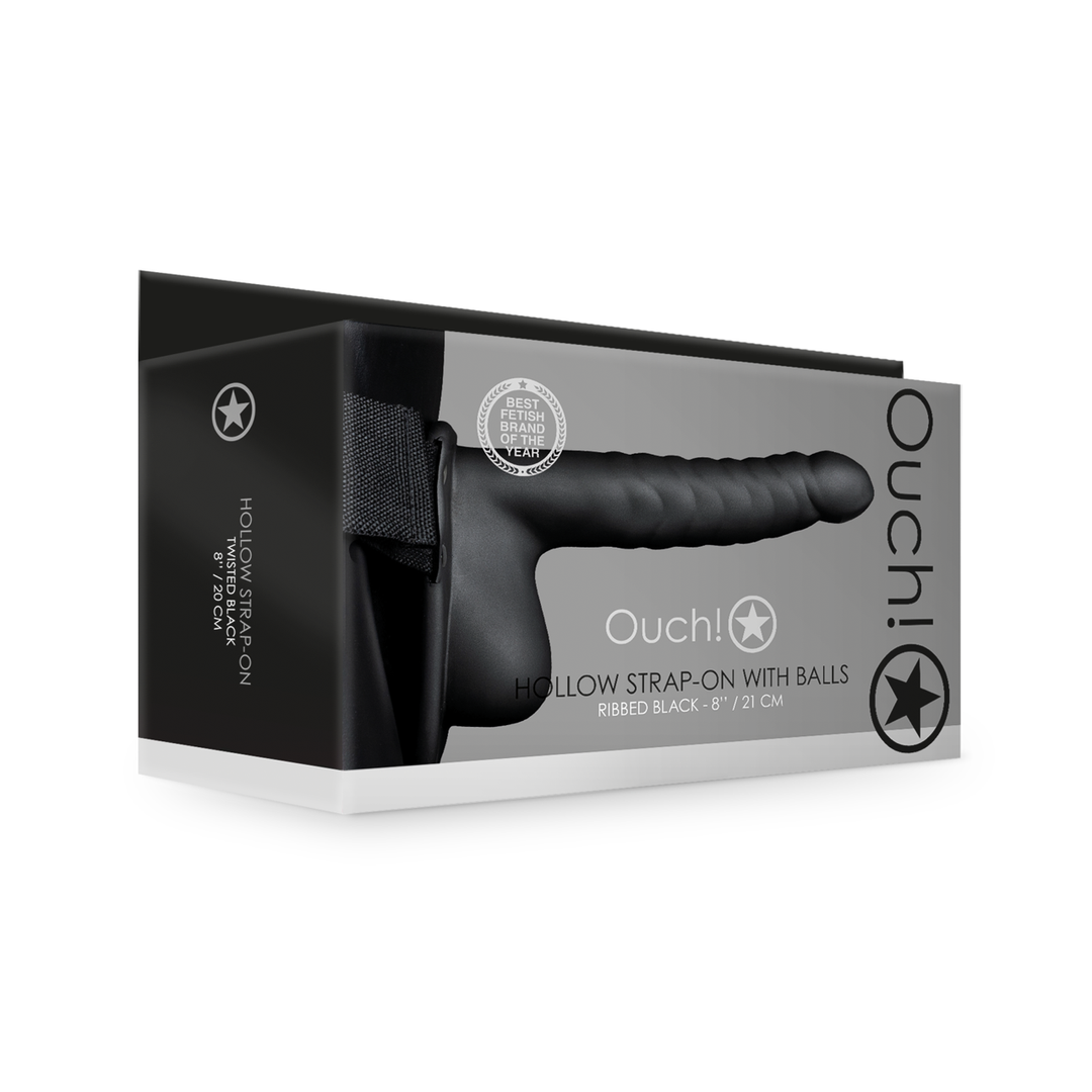 Ouch! - Geribbelde Hollow Strap-On met Ballen - 8 / 21 cm - Zwart