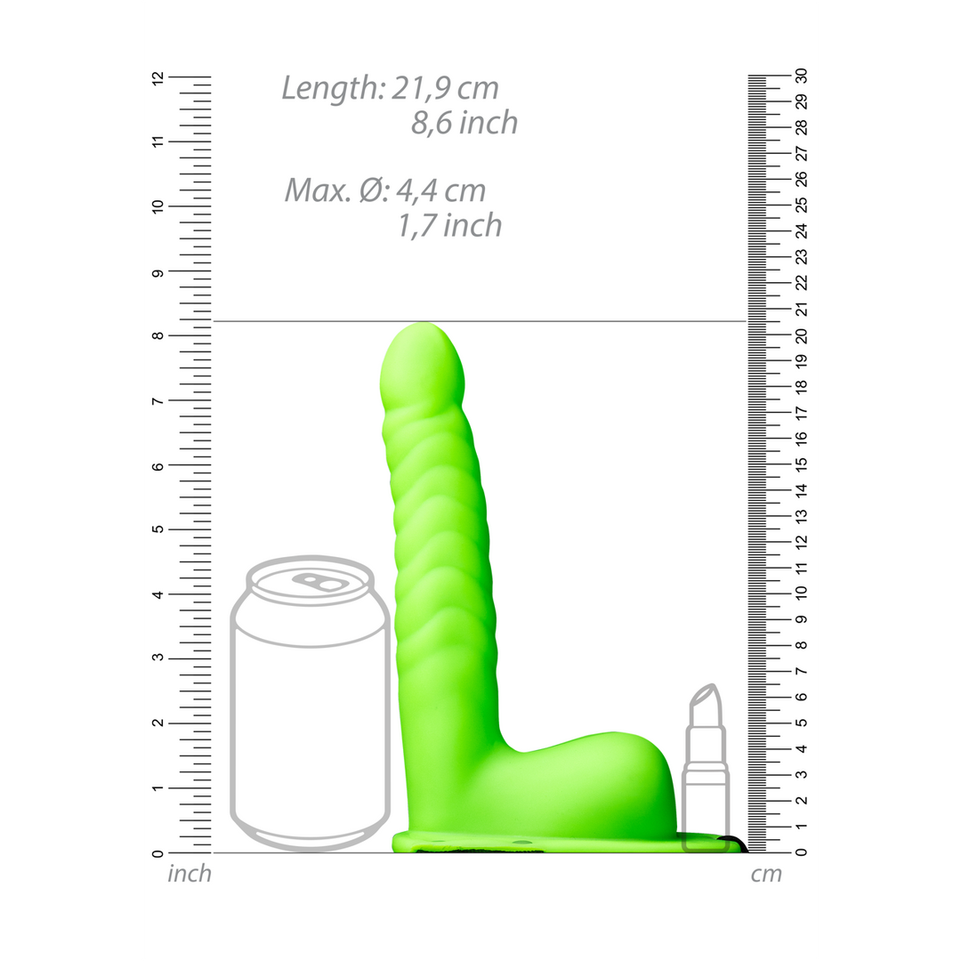 Ouch! - Glow in the Dark Ribbed Hollow Strap-On met Ballen - 8 / 21 cm - Neon Groen