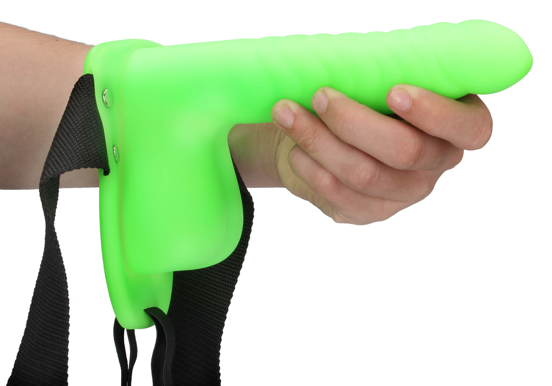 Ouch! - Glow in the Dark Ribbed Hollow Strap-On met Ballen - 8 / 21 cm - Neon Groen