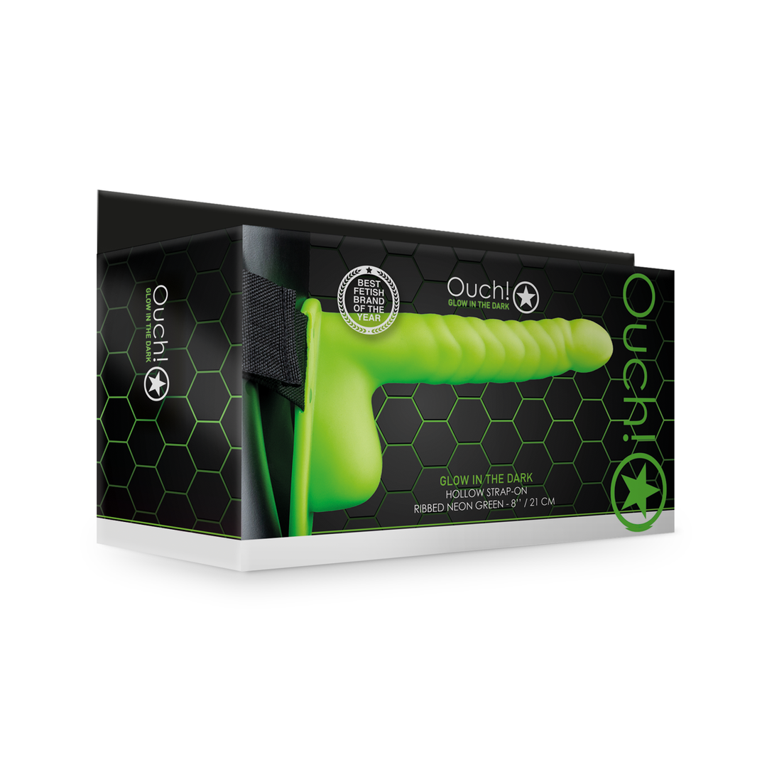Ouch! - Glow in the Dark Ribbed Hollow Strap-On met Ballen - 8 / 21 cm - Neon Groen
